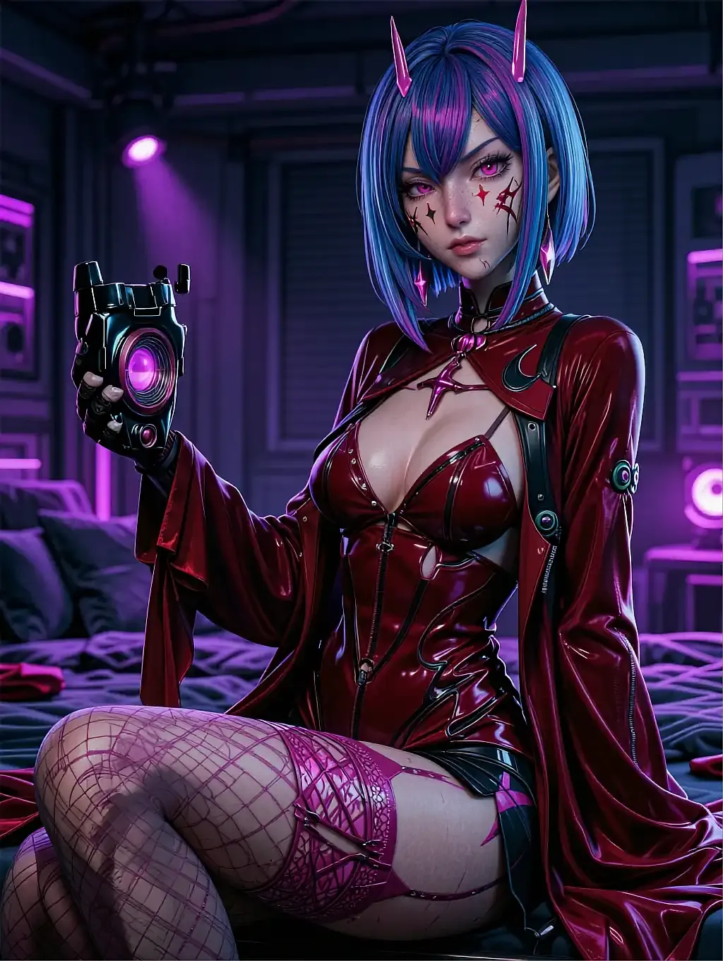 Fictional anime character Aya, illustrated with small red horns and a red latex outfit in a violet-lit bedroom