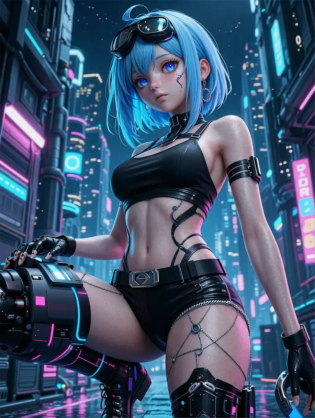 Fictional anime character Chihiro, illustrated with goggles pushed up on a gunmetal city rooftop
