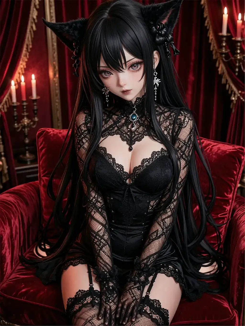 Fictional anime character with cat ears and black lace attire against red velvet drapery, featured on the AI hentai girlfriend page