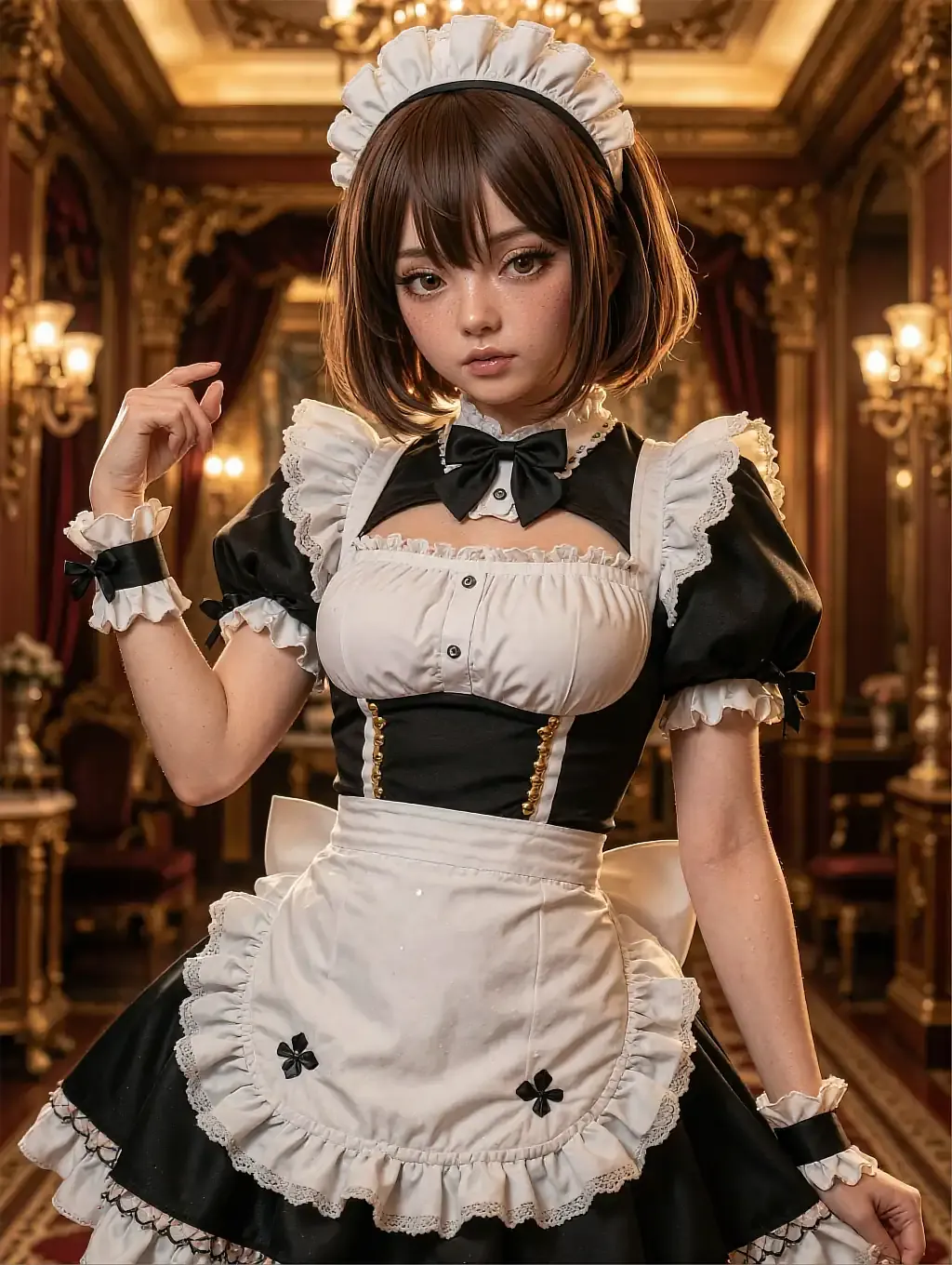 Fictional anime character in a frilled maid outfit inside a gilded room, featured on the AI hentai girlfriend page