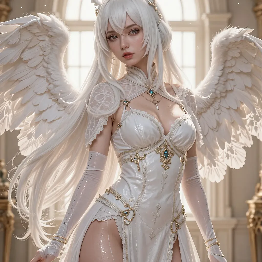 Profile card of a fictional angel-winged anime character, shown inside the app on the AI hentai girlfriend page