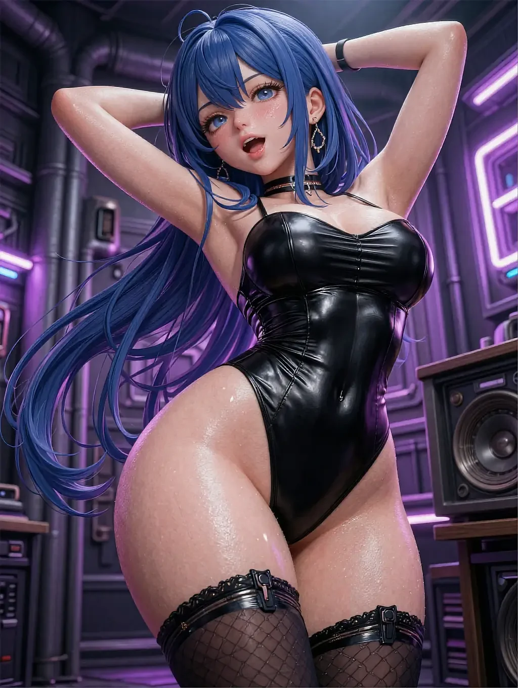 Fictional anime character with blue hair and a black bodysuit in a violet-lit industrial scene, featured on the hentai AI art page