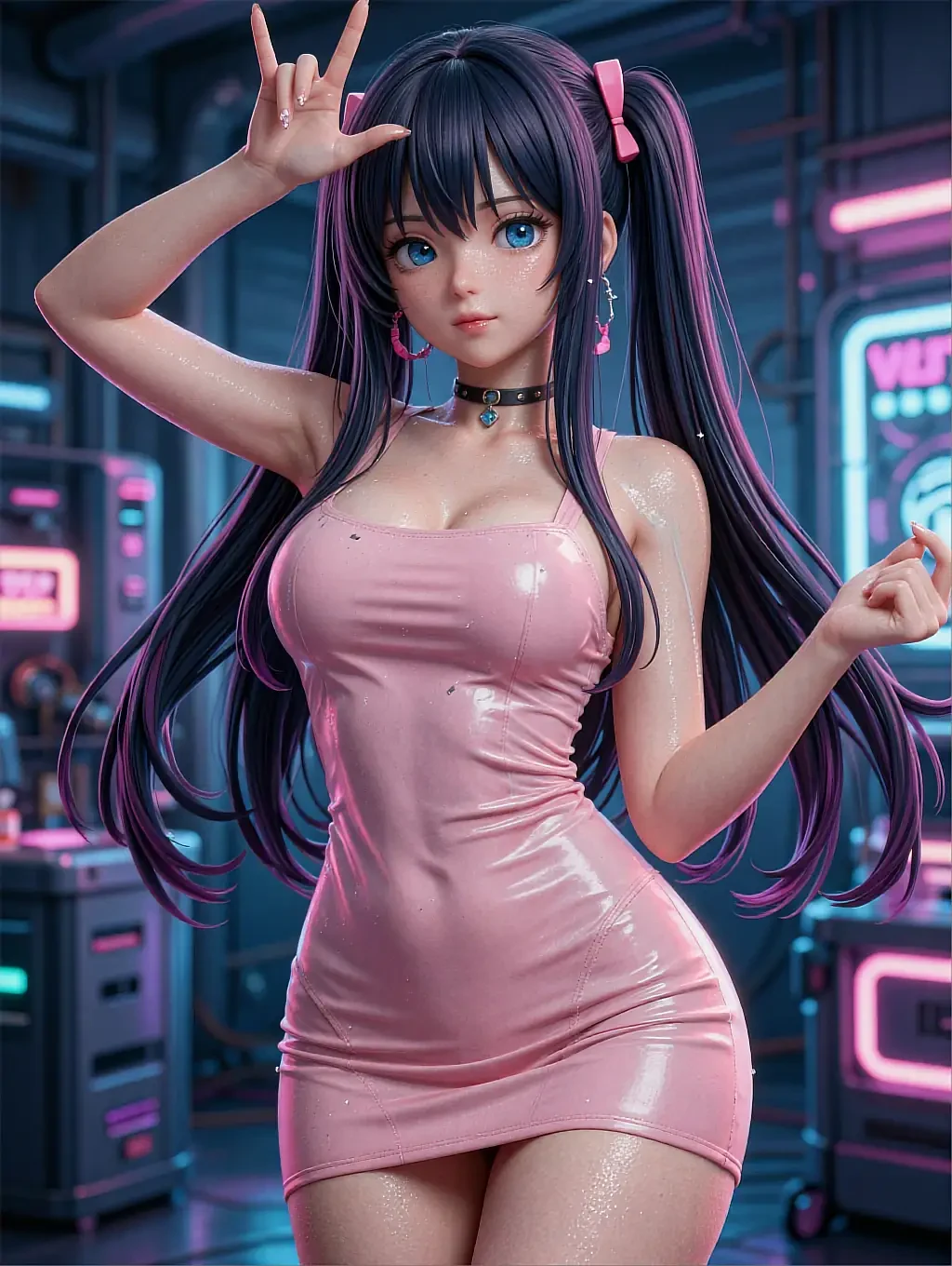 Fictional anime character with twin-tails and small horns mid-gesture under neon lights, featured on the hentai AI art page