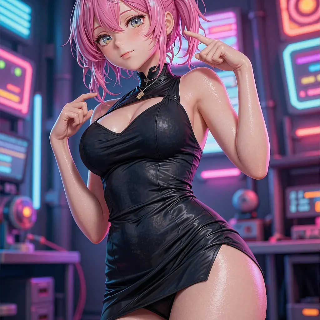Profile card of a fictional pink-haired anime character, shown inside the app on the hentai AI art page