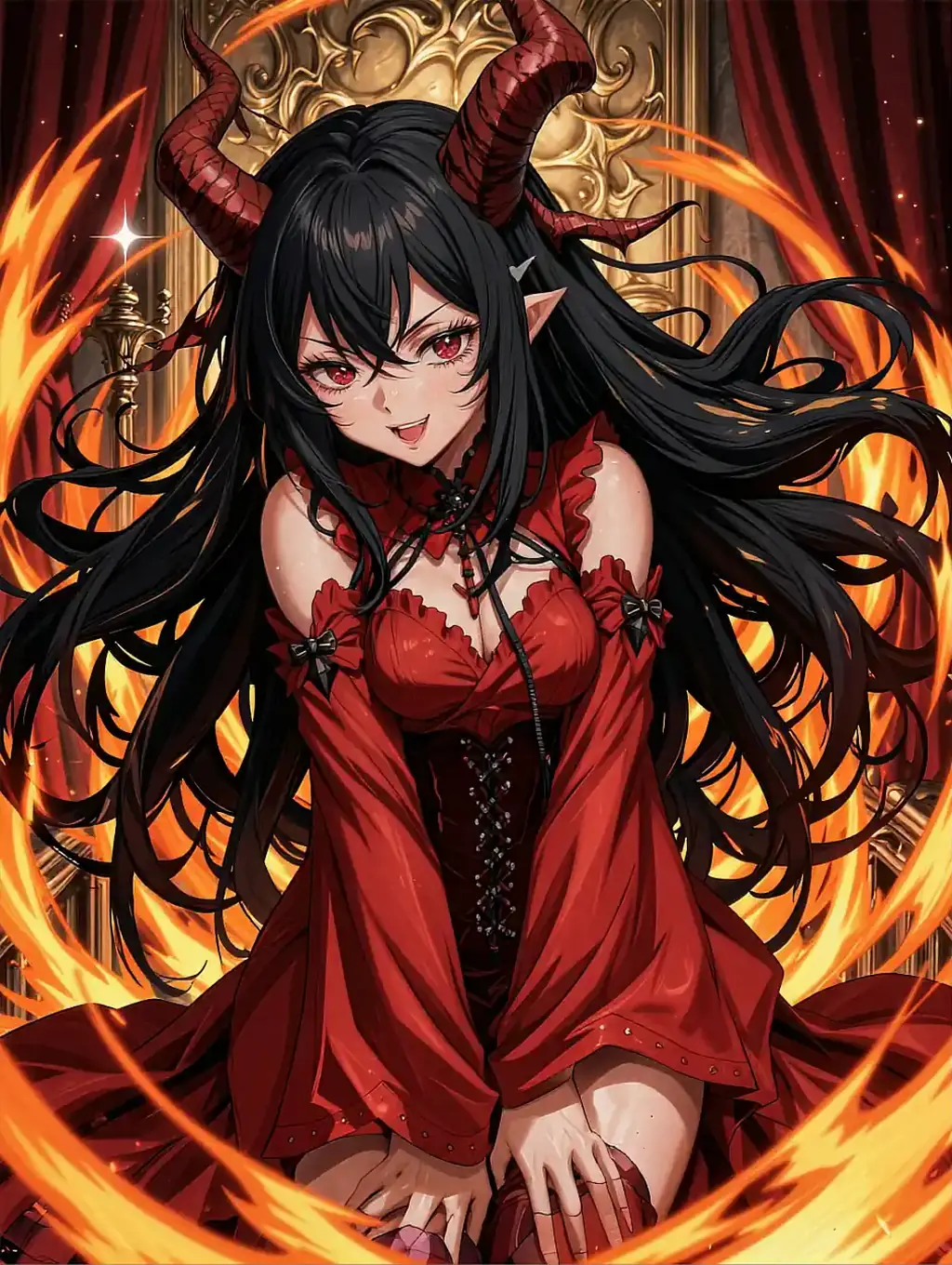 Fictional anime character illustrated as a smiling horned demon inside a ring of fire, featured on the anime girlfriend generator page