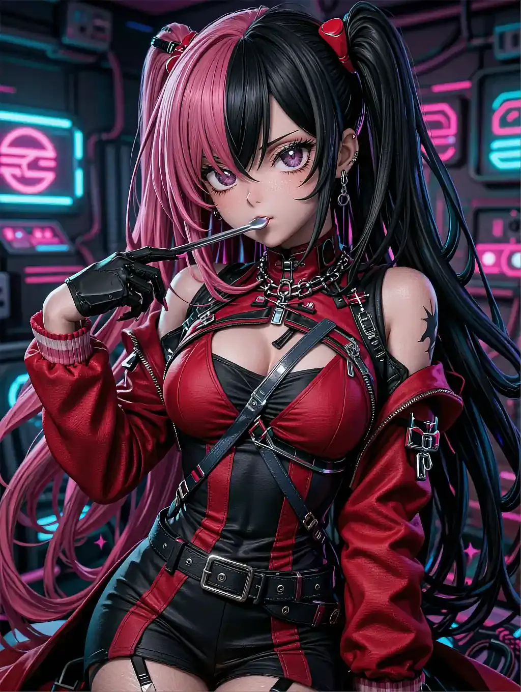 Fictional anime character with two-tone twin-tails in a red and black harness outfit under neon light, featured on the anime girlfriend generator page