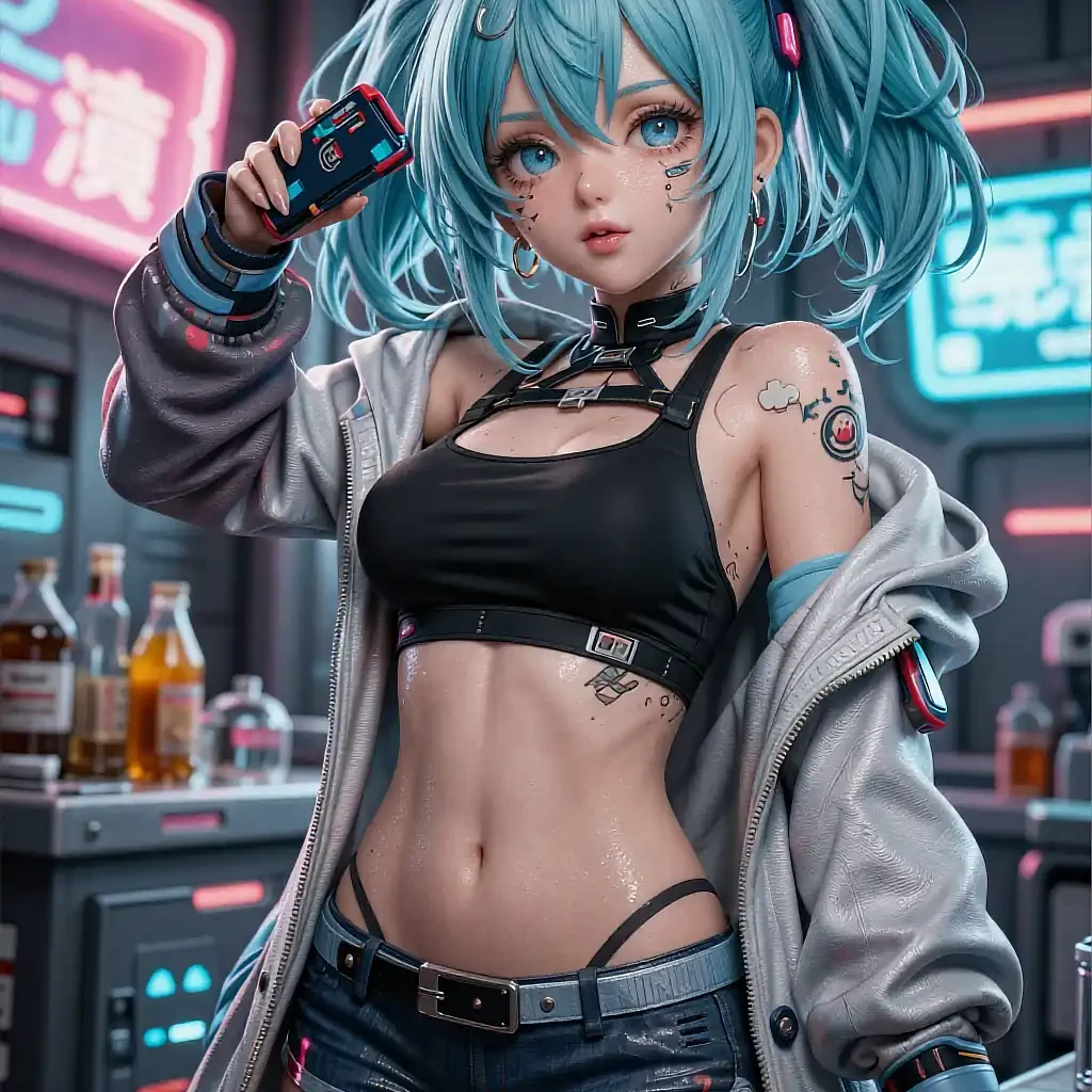 Profile card of a fictional teal-haired anime character, shown inside the app on the anime girlfriend generator page