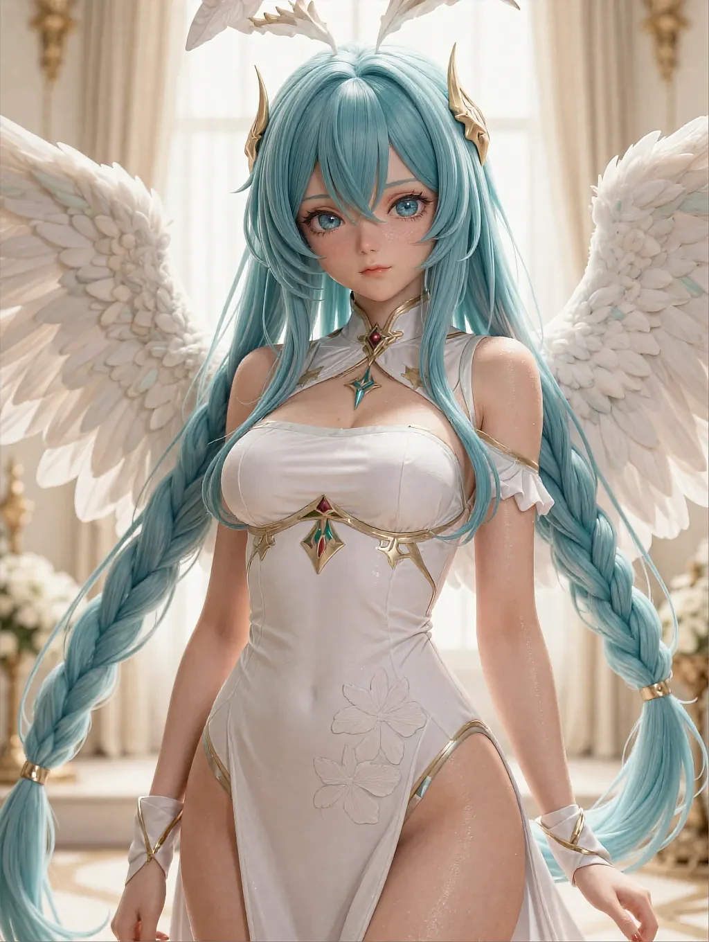 Fictional anime character with blue hair and headphones in an industrial garage scene, featured on the hentai companion AI page