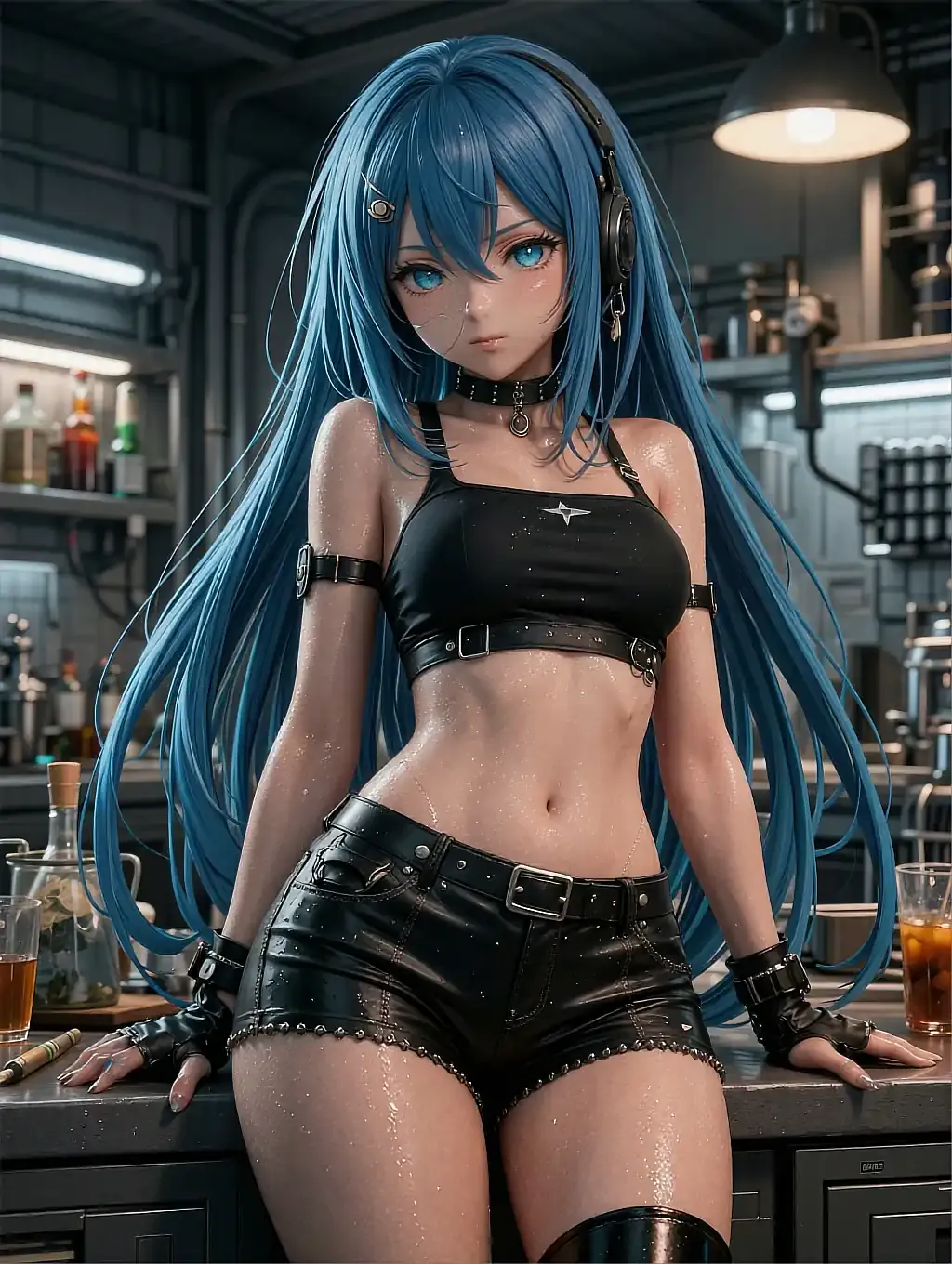 Fictional anime character wearing glasses and a bow tie under glowing neon signage, featured on the hentai companion AI page