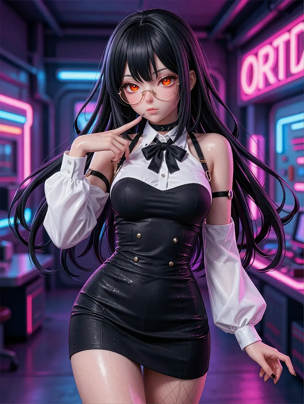 Fictional anime character in glasses and a black dress caught mid-conversation under neon signage, featured on the hentai companion AI page